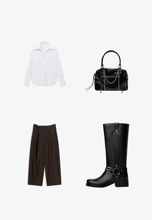 Biela košeľa s dlhým rukávom, gombíkovým uzáverom a klasickým golierom, vo voľnom strihu, so bočnými rozparokmi a hladkou textúrou z ľahkej tkaniny.; Tmavohnedé široké nohavice s vysokým pásom, s jedným gombíkom a záhybmi vpredu. Vyrobené z ľahkej textílie.; Vysoké čierne botas z umelého koženého materiálu s okrúhlou špičkou, detailom s prackou na opasku a hrubým podpätkom. Hladká textúra a vertikálny šev na nohavici.; Bershka WITH CHAIN - Kabelka - black