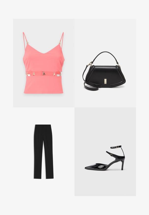 Pink sleeveless top with a V-neck, featuring a zip closure and gold hardware accents at the straps. Smooth texture, fitted design.; Black tailored trousers with a straight-leg design, featuring front pockets and a smooth, textured fabric. Neat, minimal detailing.; Black patent leather heels with a pointed toe, adjustable ankle straps, and a slender heel. Smooth texture with a shiny finish.; Black leather handbag with a structured design, featuring a cropped shape, top handle, and gold hardware accent. Adjustable shoulder strap included.