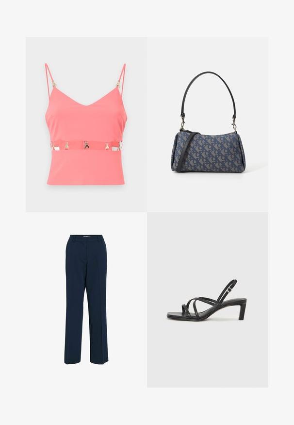 Roza brezrokavnik s V-izrezom, ki ima zadrgo in zlatimi detajli na naramnicah. Gladka tekstura, prilegajoča zasnova.; Temno modri hlače iz tkanega materiala, z ravnimi nogami, sprednjimi gubami in čisto pasom z zankami za pas.; Črne natikače s trakovi in kvadratnim prstom ter nizkim blokastim peto. Imajo več tankih trakov in nastavljiv trak okoli gležnja. Narejene so iz gladkega usnja.; Modra torbica s vzorom iz blaga, ki ima ukrivljeno obliko, črn usnjen trak in logotip v svetlejši odtenek.