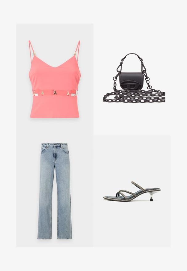 Rosa tanktopp uten ermer med V-hals, med glidelås lukking og detaljer i gull på stroppene. Glatt tekstur, tettsittende design.; Lyseblå, vide jeans laget av denim. Har en knapp- og glidelås- lukking, frontlommer og subtil fading. Rene sømmer.; Denimsandal med tre tynne stropper prydet med rhinestones, spiss tå og en metallisk, stiletto-lignende hæl. Antisklimateriale.; Liten svart håndveske laget av glatt lær, med rund form, frontlogo og en teksturert kjedehåndtak.