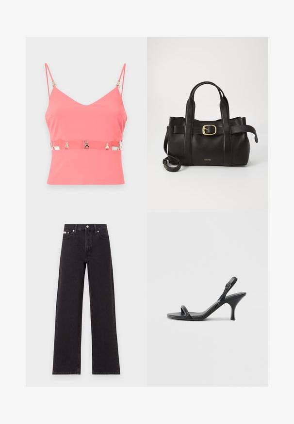 Pink sleeveless top with a V-neck, featuring a zip closure and gold hardware accents at the straps. Smooth texture, fitted design.; Black wide-leg jeans made of denim, featuring a high-rise waist, five-pocket styling, and a metal button closure with contrasting stitching.; Black leather high-heeled sandals with a slim, curved heel and a crossed strap design. Adjustable ankle strap. Smooth texture.; Black leather handbag featuring a structured design, dual top handles, gold-tone buckle accent, and embossed brand logo at the front.