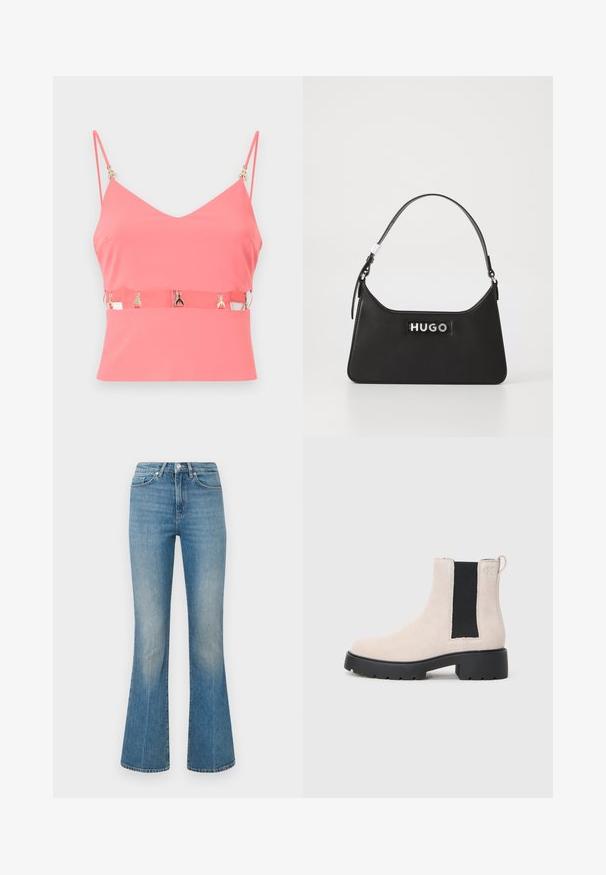 Ružičasti top bez rukava s V-izrezom, s patentnim zatvaračem i zlatnim detaljima na naramenicama. Glatka tekstura, prilagođen dizajn.; Svijetloplave traperice s flared krojem. Imaju struk s gumbom i izblijedjeli pranje, sužavajući se prema širokom rubu na gležnjevima.; Bež nubuk Chelsea čizme s crnim elastičnim bočnim panelom, debelim crnim đonom i trakicama za povlačenje na članku.; Crna kožna torba s zakrivljenim dizajnom, srebrnim detaljima i istaknutim "HUGO" logotipom na prednjoj strani. Glatka tekstura i strukturirani oblik.