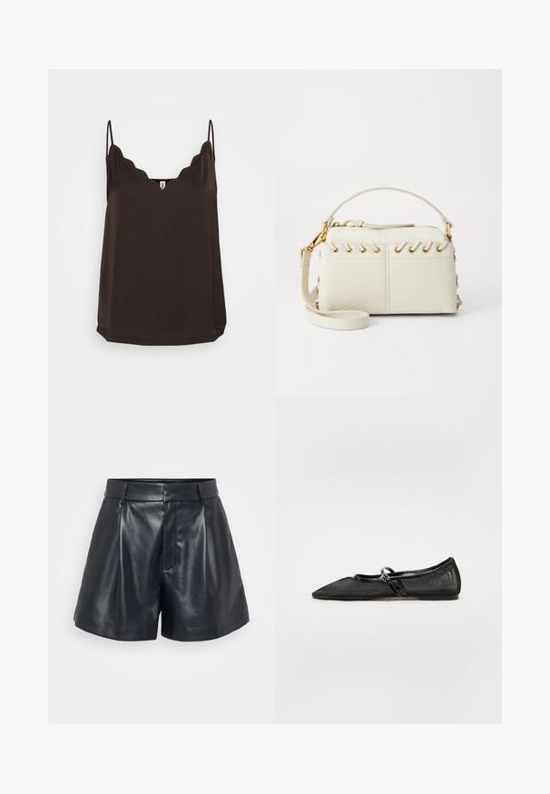 Brun camisole med vågig halsringning, tunna justerbara axelband och en lös passform. Tillverkad av mjukt tyg med en slät yta och rak nederkant.; Svarta lädershorts med en slät yta, skräddarsydd design, plisserad framdel och bälteslopp; har en dold dragkedjeficka på sidan.; Svart platt sko med spetsig tå, meshuppskikt och lackskinnsdetaljer. Har en tunn rem med en cirkulär hårdvarudetalj.; Vitt fusk läderhandväska med dragkedja i toppen, ett kort handtag och ett avtagbart axelband med guldfärgade detaljer. Sidodetalj med snörning.; Silverörhänge med polerad yta, med små detaljer i guld och rund form, bärs på loben.