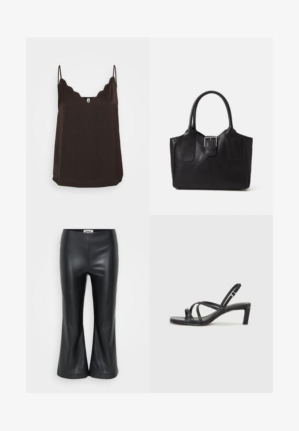 Camisola maro cu decolteu în valuri, bretele subțiri și ajustabile, și o croială lejeră. Fabricată dintr-un material moale, cu o textură netedă și tiv drept.; Pantaloni flared din piele ecologică neagră, cu o textură netedă. Prezintă o talie înaltă și fante la tiv pentru un fit relaxat. Eticheta mărcii este situată în interiorul taliei.; Sandal cu barete negre, cu vârf pătrat și toc mic de bloc. Prezintă mai multe barete subțiri și o bareta ajustabilă la gleznă. Fabricat din piele netedă.; Geantă tote din piele neagră cu textură netedă, formă structurată, două mânere și un detaliu proeminent din aliaj de argint pe partea din față.