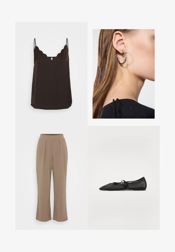 Braunfarbige Spaghettitop mit gewelltem Ausschnitt, dünnen verstellbaren Trägern und lockerer Passform. Hergestellt aus weichem Stoff, der eine glatte Textur und einen geraden Saum aufweist.; Braune, weite Hose aus weichem Stoff mit vorderen Falten und einem elastischen Bund für hohen Tragekomfort. Schlichtes, minimalistisches Design.; Schwarzer flacher Schuh mit spitzer Zehe, Mesh-Obermaterial und Akzenten aus Lackleder. Verfügt über einen dünnen Riemen mit einem runden Beschlag.; Silberne Creolen mit polierter Oberfläche, die kleine goldene Akzentdetails und eine runde Form aufweisen, am Ohrläppchen getragen.