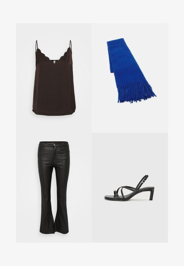 Smeđa majica bez rukava s rubom u obliku valova, tankim podesivim naramenicama i opuštenim krojem. Izvršena od mekog materijala, s glatkom teksturom i ravnim rubom.; Crne hlače s flared krojem, sjajnom, kožnom teksturom, s prednjim džepovima, kopčanjem na gumb i bočnim prorezima na rubu.; Crne sandale s trakama, kvadratnim prstom i niskom blok petom. Ima više tankih trakica i podesivu trakicu oko gležnja. Izrađene su od glatke kože.; Plavi tkanani šal s resama na krajevima, glatke teksture, pravokutnog oblika i ujednačene boje. Pogodan za hladno vrijeme.; Crna kožna torba za nošenje s glatkom teksturom, strukturiranim oblikom, dvije ručke i istaknutim srebrnim kopčanjem na prednjoj strani.; Srebrna dvostruka prsten s glatkom, poliranom površinom. Karakterizira ga fluidan, zakrivljen dizajn s preklapajućim sekcijama za moderan izgled.