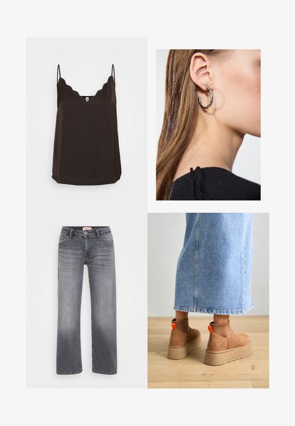 Brun camisole med bølget hals, tynne justerbare stropper og løs passform. Laget av mykt stoff, med en jevn tekstur og rett søm.; Grå denimjeans med rett ben-design, fem-lomme stil, subtil falming, og knappelukking i midjen.; Brune semska plattformstøvler med elastiske sidepaneler og orange rekkehalser, parret med en knelange lys denimskjørt på et tregulv.; Sølv ringøredob med en polert finish, med små gull detaljer og en rund form, båret på øreflippen.