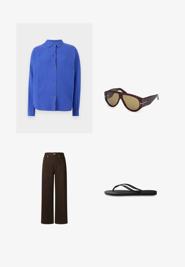 Blaues Hemd mit Knopfverschluss aus einem strukturierten Stoff, mit Kragen, langen Ärmeln und fünf braunen Knöpfen entlang der Vorderseite. Abgerundeter Saum.; Pepe Jeans LEXA - Jeans Straight Leg - chocolate brown; Schwarze Flip-Flops mit einer strukturierten Gummisohle, zwei schlanken Riemen und einem dezenten, geprägten Logo-Detail auf dem Riemen.; Tom Ford BRONSON - Sonnenbrille - dark havana; Mango Shopping Bag - dark brown