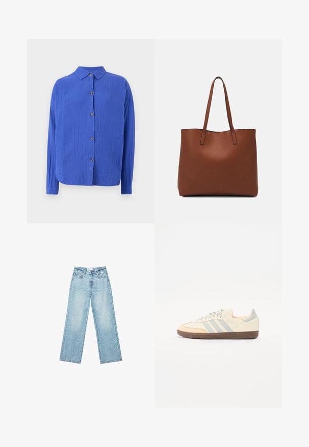 Camicia blu con bottoni, realizzata in un tessuto testurizzato, colletto, maniche lunghe e cinque bottoni marroni lungo la parte frontale. Orlo inferiore arrotondato.; Jeans larghi in denim blu chiaro a vita alta, caratterizzati da un lavaggio sbiadito e da piccoli dettagli strappati sparsi.; Sneaker con una toma in pelle crema, strisce azzurre chiare e accenti pesca. Presenta una suola in gomma marrone testurizzata e un design minimalista.; Borsa tote in pelle marrone con texture liscia, design con apertura superiore e due spallacci. Presenta cuciture minime e nessun hardware visibile.