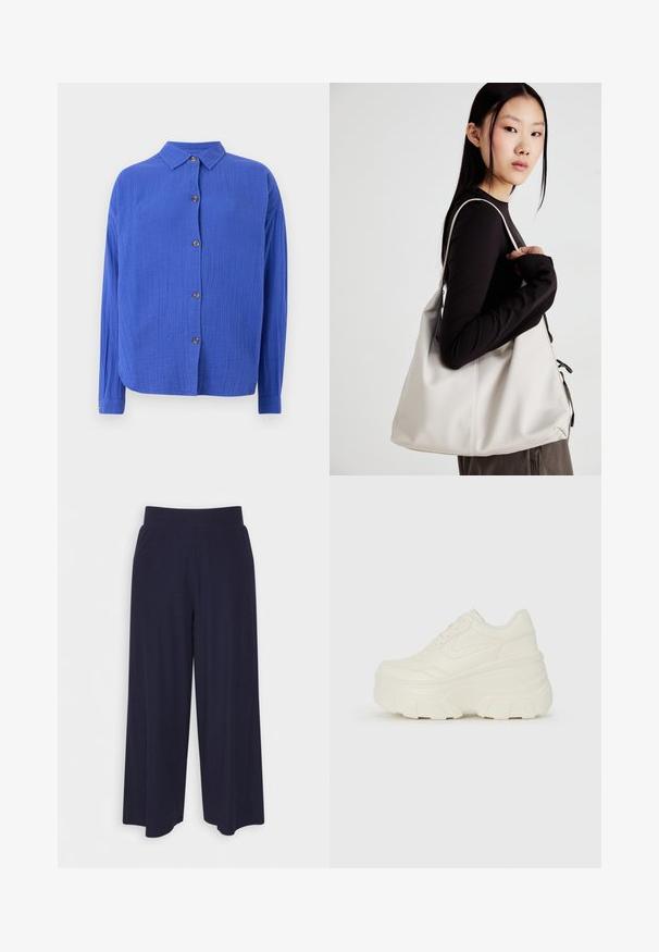 Camicia blu con bottoni, realizzata in un tessuto testurizzato, colletto, maniche lunghe e cinque bottoni marroni lungo la parte frontale. Orlo inferiore arrotondato.; Pantaloni a gamba larga in tessuto navy scuro con una texture a coste. Presentano una vita liscia e una silhouette fluida, che arriva a metà polpaccio.; Sneakers bianchi con piattaforma, caratterizzati da una parte superiore simile alla pelle liscia, forma arrotondata, collo imbottito e suola in gomma testurizzata con scanalature ben definite.; Borsa a mano beige realizzata in materiale morbido, caratterizzata da un design morbido, dettagli cuciti e due manici. Adatta per l'uso quotidiano.