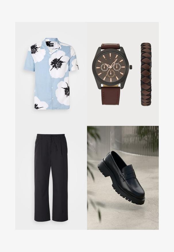 Rövid ujjú, gombos ing világoskék szövetből, nagyméretű fehér virágokkal és fekete részletekkel. Kényelmes gallérral és laza szabással rendelkezik.; Széles lábú nadrág, textúrált fekete anyagból, húzózsinórral ellátott derékkal, két elülső zsebbel és egyenes vonalú dizájnnal.; Fekete bőr loaferek masszív talppal, díszes pánttal és varrási részletekkel. Simább textúrájú, fényes felületű.; Pier One SET - Karóra - black/brown