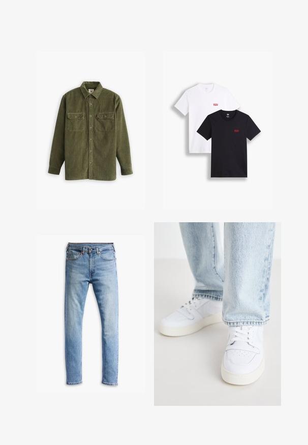 Olijfgroene corduroy shirt met een knoopsluiting aan de voorkant, twee borstzakken en lange mouwen. Textiel met een verticale ribbelstructuur.; Twee t-shirts met korte mouwen: één wit en één zwart. Beide gemaakt van katoen met een rood Levi's logo op de borst. Eenvoudig ontwerp met ronde hals.; Lichtblauwe denim jeans met een rechte snit, vijf zakken, knoopsluiting en subtiele vervaging over de stof.; Witte leren lage sneakers met geperforeerde neus, platte veters en een minimalistisch ontwerp. Gecombineerd met lichtblauwe denim jeans.