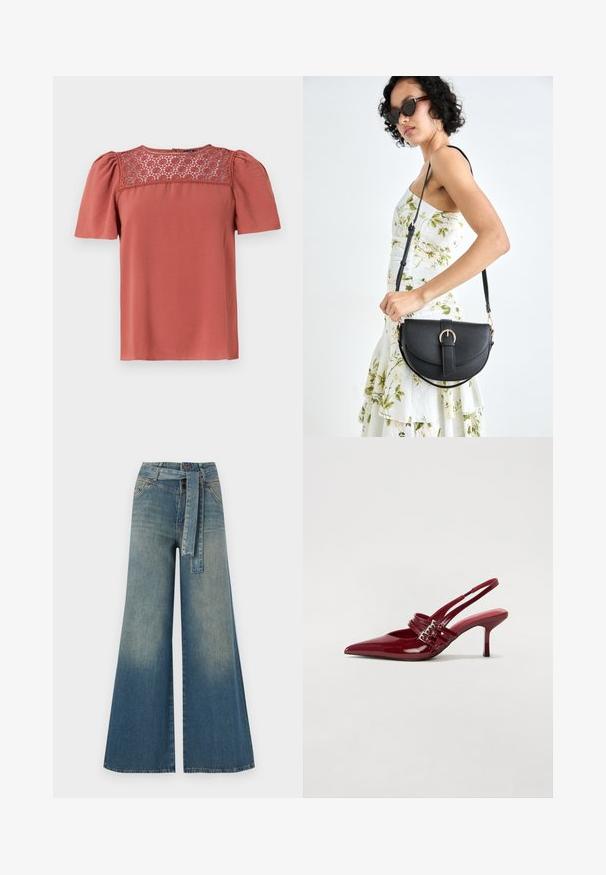 Blusa color ruggine con maniche a sbuffo corte e pannello in pizzo sullo scollo. Tessuto morbido con vestibilità rilassata e orlo dritto.; Pantaloni in denim a gamba larga con una sfumatura che va dal blu chiaro al blu scuro, vita alta, passanti per cintura e una cintura in tessuto coordinato. Finitura in denim strutturato.; Décolleté slingback in vernice rossa con punta affusolata, due cinturini con fibbia e un sottile tacco a stiletto di media altezza. Texture liscia.; Borsa a tracolla nera in pelle con una forma curva, manico rimovibile e accessori dorati. La borsa presenta una patta con un dettaglio a fibbia.