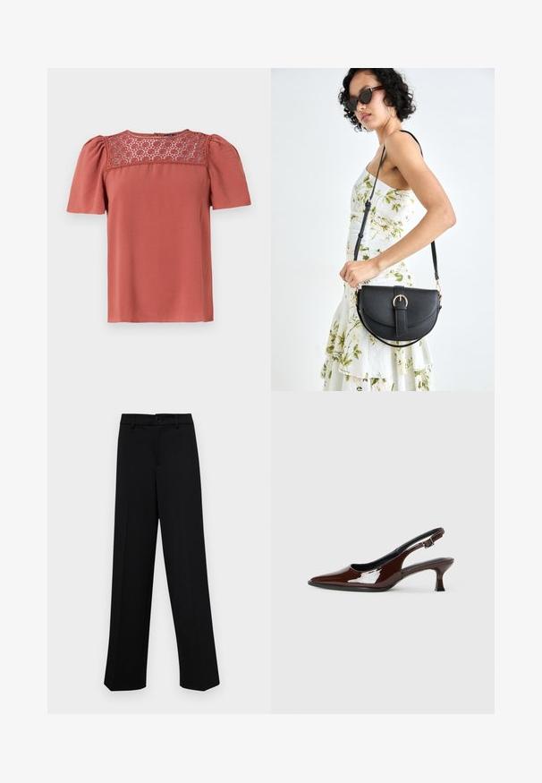 Blouse couleur rouille avec des manches courtes bouffantes et un panneau en dentelle au niveau du col. Tissu doux avec une coupe décontractée et un ourlet droit.; Pantalons larges noirs en tissu lisse, avec une taille classique à fermeture à bouton et des plis sur le devant.; Chaussure slingback en cuir verni marron avec un bout pointu et un talon modéré. Elle est dotée d'une sangle à boucle pour un ajustement sécuritaire. Texture lisse.; Sac à main en cuir noir avec une forme courbée, bandoulière amovible et des accessoires en or. Le sac est doté d'un rabat avec un détail de boucle.