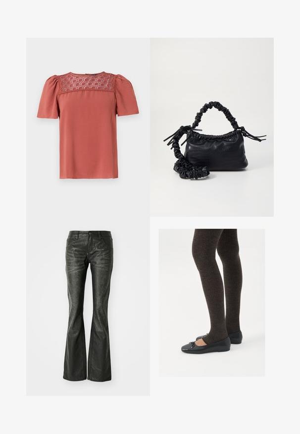 Rust-colored blouse with short puff sleeves and a lace panel on the neckline. Smooth fabric with a relaxed fit and straight hemline.; Black faux leather flared jeans with front pockets, a metal button closure, and a slightly textured surface. Straight leg with a long cut.; Black flat shoes with a small bow detail at the toe, paired with dark brown ribbed tights. Shoes have a smooth texture and low profile.; Black faux leather handbag with a crocodile texture, cinched top, and a scrunched strap. Appears soft and compact in design.