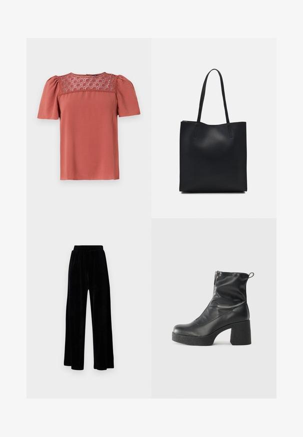 Rostfarbene Bluse mit kurzen Puffärmeln und einer Spitzenpaneel am Ausschnitt. Glatter Stoff mit lockerer Passform und gerader Saumlänge.; Schwarze weit geschnittene Hose aus weichem Samt, mit einem elastischen Bund und einer glatten Textur, ohne sichtbare Details oder Muster.; Schwarze Stiefeletten aus glattem Leder mit seitlichem Reißverschluss, klobigem strukturiertem Absatz und runder Zehenform.; Schwarze Laptoptasche aus Leder mit glatter Textur, rechteckiger Form und zwei langen Griffen. Keine sichtbaren Beschläge oder Verzierungen.