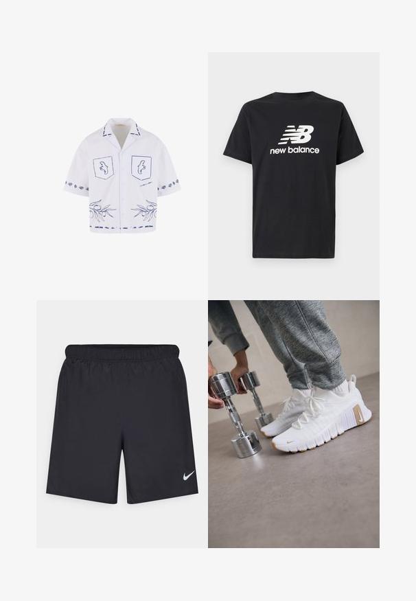 Chemise blanche à manches courtes avec des motifs graphiques bleus, y compris des poches, un motif de branche d'olivier et des détails de col contrastants.; T-shirt en coton noir avec un logo New Balance et un design graphique blancs sur le devant. Manches courtes et col rond.; Shorts de sport noirs en matériau léger avec une taille élastique. Présente un petit logo Nike blanc sur le bas du côté gauche.; Baskets de sport blanches avec une tige texturée, semelle en caoutchouc plate et accents marron clair. Haltères en argent au premier plan. Pantalon de survêtement gris visible.