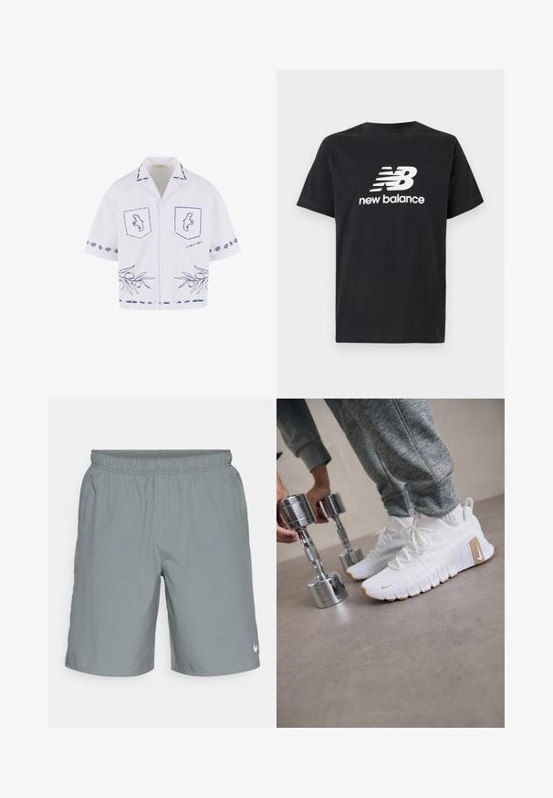 Rövid ujjú fehér ing kék grafikai mintázattal, zsebekkel, olajág mintázattal és kontrasztos gallér részletekkel.; Fekete pamut póló, fehér New Balance logóval és grafikai dizájnnal az elején. Rövid ujjú és kerek nyakú.; Szürke sportnadrág elasztikus derékkal, oldalsó zsebekkel és egy kis fehér logóval az alsó jobb oldalon. Sima felület.; Fehér sportcipők texturált felsőrésszel, lapos gumitalppal és világosbarna részletekkel. Ezüst súlyzók az előtérben. Szürke sportnadrág látható.