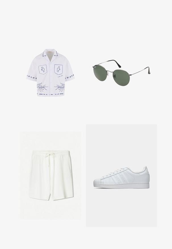 Kurzärmliges weißes Hemd mit blauen Grafikdesigns, einschließlich Taschen, Olivenzweig-Muster und kontrastierenden Kragen-Details.; Langärmliger weißer Sweatshirt aus Baumwolle. Mit Rundhalsausschnitt, überschnittenen Schultern und gerippten Bündchen. Sanfte Textur ohne Muster.; Weiße sportliche Shorts aus leichtem Stoff mit einem elastischen Bund und einem Kordelzug sowie seitlichen Taschen. Glatte Textur.; Weiße Ledersneaker mit einer strukturierten Gummi-Zehenkappe, drei seitlichen Streifen und einem gepolsterten Kragen. Flache weiße Schnürsenkel und ein minimalistisches Design.; Metallgestellte Sonnenbrille mit ovalen grünen Gläsern. Dünner silberner Metallrahmen und schwarze Ohrstücke. Minimalistisches Design, keine sichtbaren Logos.