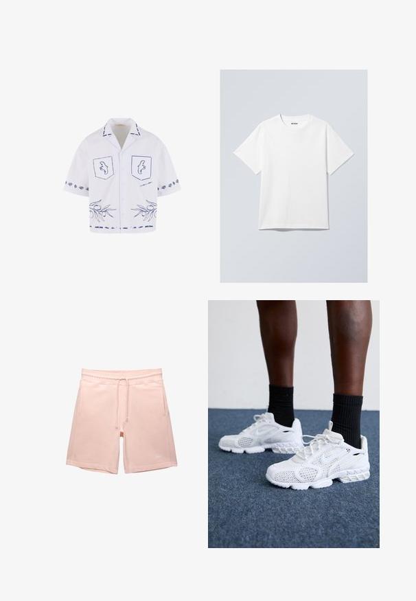 Biała koszula z krótkim rękawem z niebieskimi graficznymi wzorami, w tym kieszeniami, wzorem gałązki oliwnej oraz kontrastującymi detalami kołnierza.; Biała bawełniana koszulka z okrągłym dekoltem, krótkimi rękawami i luźnym krojem. Ma etykietę z nazwą marki "WEEKDAY" na dekolcie.; Jasnoróżowe szorty wykonane z miękkiego materiału, z elastycznym pasem, sznurkiem i dwoma bocznymi kieszeniami; z logo na lewym dolnym rogu.; Białe sportowe buty z siateczkową cholewką, teksturowanymi akcentami i wyściełaną podeszwą. W zestawieniu z czarnymi skarpetkami ściągaczowymi do kostek na niebieskiej wykładzinie.