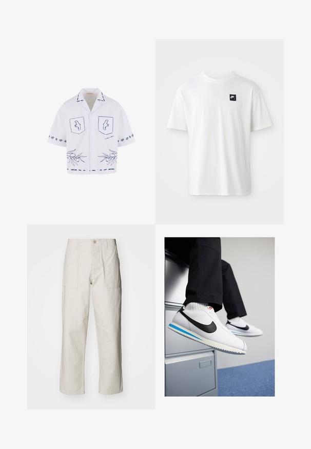 Bílé krátké rukávy košile s modrými grafickými vzory, včetně kapes, vzoru olivového listu a kontrastními detaily límce.; Bílý bavlněný tričko s krátkým rukávem a kulatým výstřihem; obsahuje malé černé obdélníkové logo Nike Air na levé straně hrudi.; Světle béžové kalhoty s širokými nohavicemi vyrobené z bavlny. Obsahují přední kapsy a zapínání na knoflík. Hladký povrch s jemnými vertikálními pruhy.; Bílé kožené tenisky s černým logem Nike, světle modrou a šedou gumovou podrážkou a klasickým šněrovacím designem. Nohy odpočívají na skříni.