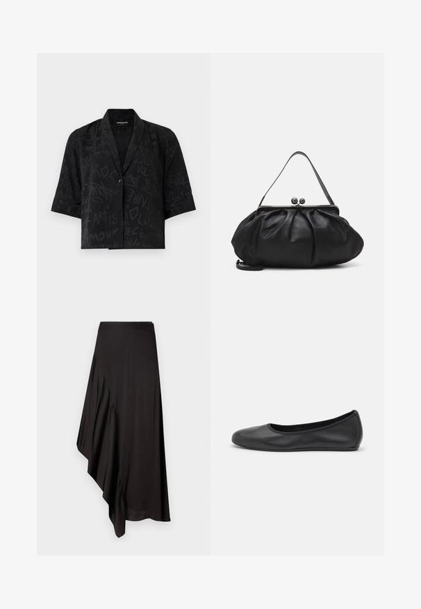 Camicetta nera a maniche corte con una trama testurizzata, caratterizzata da motivi astratti simili a graffiti e una chiusura con un unico bottone sul davanti.; T-shirt bianca a maniche corte realizzata in tessuto a costine. Collo rotondo, vestibilità regolare e dettagli di cucitura sottili. Senza motivi o grafiche.; AERON ASTER SKIRT - Gonna a tubino - black; Pantofole da balletto nere in pelle con punta arrotondata, texture liscia, dettagli di cucitura minimi e design con suola flessibile.; Borsa a mano in pelle nera con un design arrotondato e plissettato. Presenta una chiusura metallica con due palline decorative e una tracolla sottile e removibile.