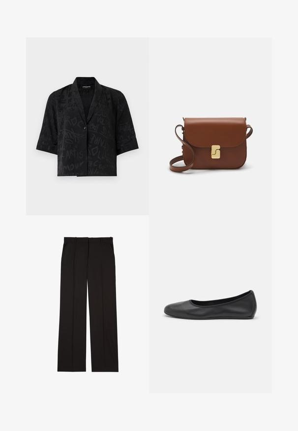 Camicetta nera a maniche corte con una trama testurizzata, caratterizzata da motivi astratti simili a graffiti e una chiusura con un unico bottone sul davanti.; T-shirt bianca a maniche corte realizzata in tessuto a costine. Collo rotondo, vestibilità regolare e dettagli di cucitura sottili. Senza motivi o grafiche.; Pantaloni neri su misura realizzati in un tessuto liscio, con un design a gamba dritta e due tasche laterali. Costruzione elegante e minimalista.; Pantofole da balletto nere in pelle con punta arrotondata, texture liscia, dettagli di cucitura minimi e design con suola flessibile.; Borsa a tracolla in pelle marrone con chiusura a pattina, hardware color oro, tracolla e una finitura liscia. Forma rettangolare compatta.