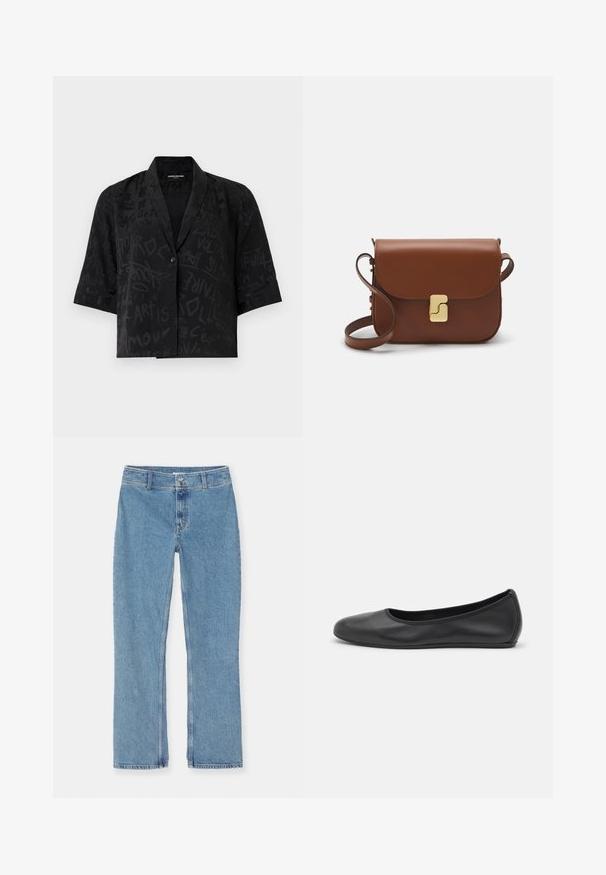 Melnā īsām piedurkņu krekls ar teksturētu audumu, kas rotāts ar abstraktiem graffiti līdzīgiem rakstiem un vienu pogu aizdari priekšpusē.; Balta īsām piedurknēm T-krekls, izgatavots no ribota auduma. Apaļš izgriezums, regulāra piegriezuma un diskrēti šuvumu detaļas. Bez printiem vai grafikām.; Gaiši zili taisni džinsi ar pogu un rāvējslēdzēju, jostas cilpām un standarta šuvēm uz balta fona.; Melna ādas baleta kurpe ar noapaļotu purngalu, gludu tekstūru, minimālu šuvju detalizāciju un elastīgu zoles dizainu.; Bordo ādas rokas soma ar atloku, zeltītām detaļām, plecu siksnu un gludu virsmu. Kompakta, taisnstūrveida forma.