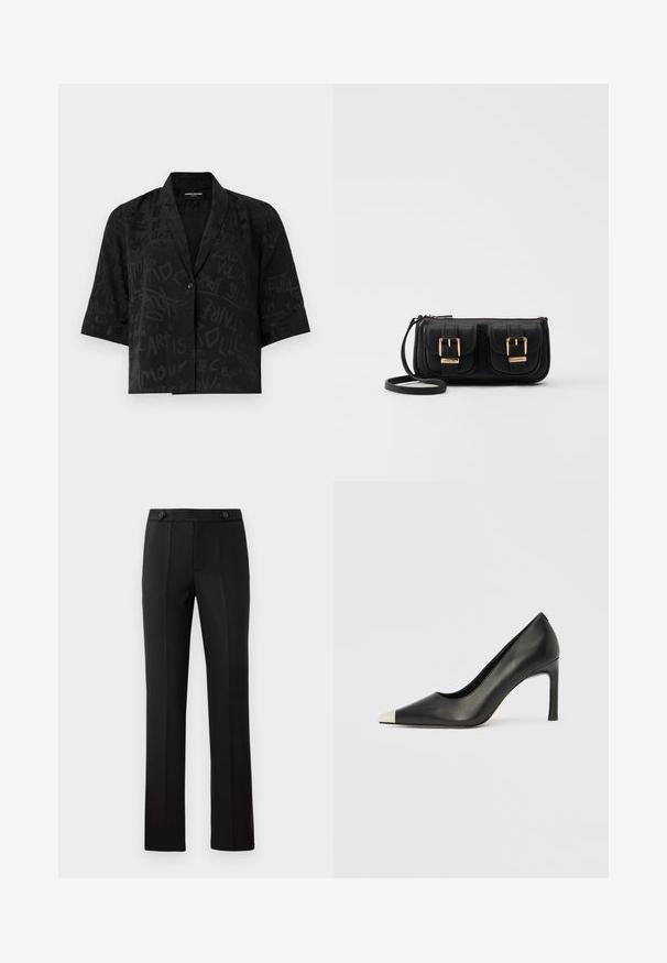 Schwarzes kurzärmliges Hemd aus strukturiertem Stoff, mit abstrakten, graffitiähnlichen Mustern und einer einzelnen Knopfverschluss vorne.; Schwarze maßgeschneiderte Hose mit geradem Bein, zwei vorderen Taschen, einem Knopfverschluss und unteren Falten vorne. Glatte Stofftextur.; Schwarzer Lederschuh mit hohem Absatz, spitz zulaufender Zehenpartie und metallischer silberner Spitze. Verfügt über eine glatte Oberfläche und einen schlanken 10 cm hohen Absatz.; Schwarze Leder-Umhängetasche mit zwei vorderen Taschen, goldenen Schnallen, Reißverschluss und einem schmalen Tragegurt. Texturierte Oberfläche und kompakte rechteckige Form.