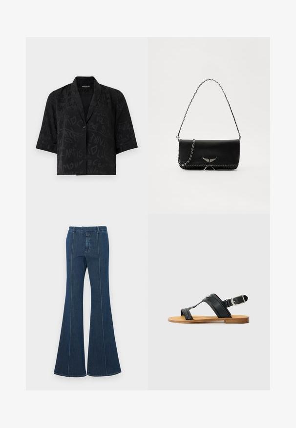 Čierna krátka rukávová košeľa s textúrovanou tkaninou, s abstraktnými vzormi pripomínajúcimi graffiti a s jedným gombíkom na zapínanie vpredu.; Džínsy so širokými nohavicami v tmavomodrej farbe, s precízne prešitými švami a čistým vzhľadom. Majú stredne vysoký pás a široké, voľne splývajúce nohavice.; Čierne kožené sandále s nastaviteľnou sponou, plochou hnedou podrážkou a dvoma širokými popruhmi prekračujúcimi cez nohu, minimalistický dizajn.; Čierna kožená kabelka so strieborným reťazovým popruhom, so zdobnými krídelnými akcentmi a bielym prešívaním pozdĺž dolného švu.