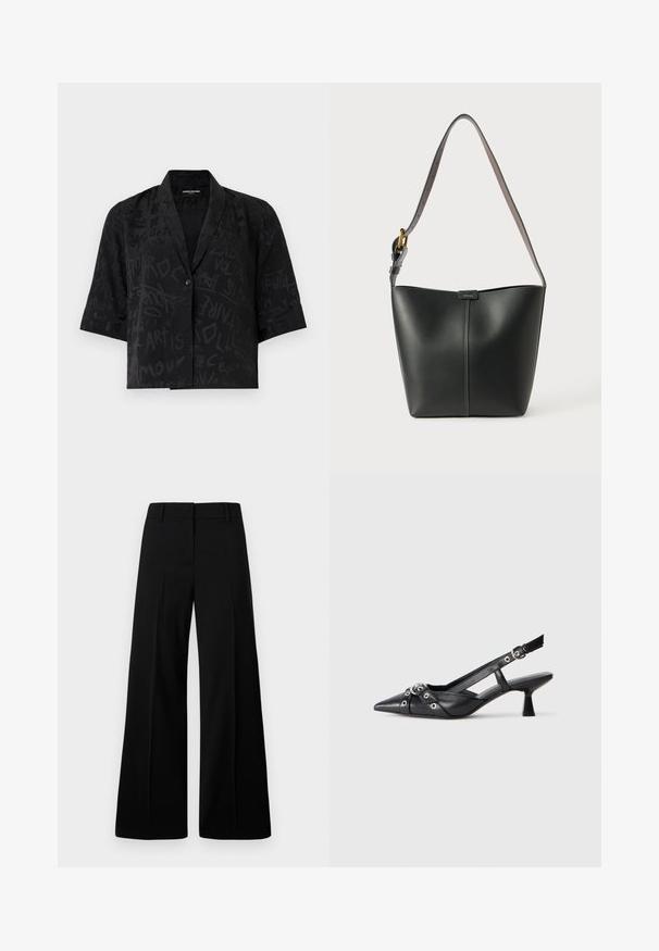 Schwarzes kurzärmliges Hemd aus strukturiertem Stoff, mit abstrakten, graffitiähnlichen Mustern und einer einzelnen Knopfverschluss vorne.; Schwarze weite Hosen mit glatter Textur, strukturiertem Bund und vorderen Falten. Minimalistisches Design ohne sichtbare Beschläge.; Schwarzer Leder-Slingback-Schuh mit spitz zulaufender Zehenpartie, dekorativen Riemen mit METALLÖSEN und niedrigem Blockabsatz. Strukturelle Oberfläche.; Schwarze Leder-Umhängetasche mit glatter Textur, geschwungener Form und einem einzelnen verstellbaren Tragegurt, der goldene Beschläge und ein markenbezogenes Detail aufweist.