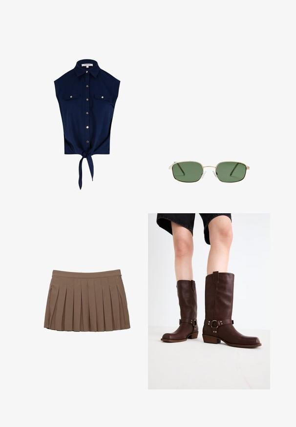 Camicia senza maniche di colore blu navy con colletto, due tasche sul petto con bottoni e nodo nella parte anteriore all'orlo.; Mini gonna plissettata marrone con vita e discreto dettaglio logo laterale su sfondo bianco.; Stivali marroni in pelle al ginocchio con punta rotonda, superficie testurizzata, cinturino alla caviglia e dettagli in metallo argentato; tacco impilato.; Occhiali da sole con montatura in metallo dorato, lenti verdi, forma rettangolare e cuscinetti nasali in plastica trasparente. Tempi sottili e slanciati con design minimale.; Borsa a tracolla in pelle intrecciata marrone con una forma triangolare morbida. Presenta una maniglia intrecciata e una chiusura con zip lungo la parte superiore.