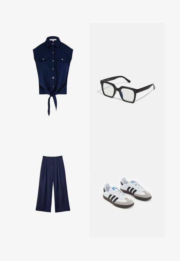 Mornarice plava bezrukavna košulja na dugmad s ovratnikom, dva džepa na prsima s dugmadima i čvor na donjem rubu.; Tamnoplave široke hlače s plitkim naborima, s gumbom u struku i petljama za remen, prikazane ravno na bijeloj pozadini.; Sportske cipele s gornjištem od bijele kože, sivi suedinasti nos i tri crne pruge. Imaju plavi logo na jeziku i teksturiranu gumenu podlogu.; Crne sunčane naočale s mat finishem, s transparentnim lećama i blagim plavim tonom s jedne strane. Robustan, angularan dizajn.
