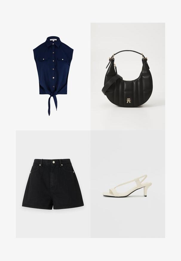 Marineblå ærmeløs skjorte med knapper og krave, to brystlommer med knapper og knude i bunden.; Sorte denimshorts med høj talje, fem lommer, sølvhardware og standardpasform, der har en glat tekstur og en pæn finish.; Beige blokhælede sandaler med tynde remme og en firkantet tå. Glat materiale med minimal detaljering, designet til nem brug.; Sort læderhandtaske med en bøjelig form, kviltet tekstur og guld hardware. Har en aftagelig skulderrem og logo-detalje.