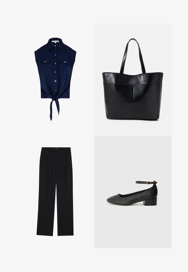 Tengerészkék ujjatlan, gombos ing gallérral, két gombbal záródó mellzsebbel és elől megkötött csomóval a szegélyén.; Fekete nadrág egyenes szárú kialakítással, két első zsebbel és derékrésszel. Simának és könnyű anyagból készült.; Fekete bőr magassarkú cipő hegyes orral és alacsony tömb sarkal. Bokapánttal rendelkezik, aranyszínű csattal. Simább textúra.; Fekete bőr bevásárlótáska két hosszú fogantyúval, sima felülettel és strukturált formával. Elülső zseb található rajta a plusz tárolás érdekében.