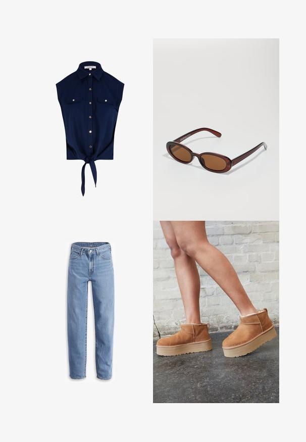 Tengerészkék ujjatlan, gombos ing gallérral, két gombbal záródó mellzsebbel és elől megkötött csomóval a szegélyén.; Világoskék, farmerből készült, laza szabású, egyenes lábú nadrág, öt zsebes dizájnnal és szaggatott szegélyekkel a sportos megjelenésért.; Barna velúr bokacsizma puha béléssel, vastag bézs platformtalppal és hátsó húzófüllel. Texturált felület látható varrási részletekkel.; Kerek, barna árnyalatú napszemüveg fényes burgundi kerettel. Karcsú karok diszkrét márkázással. Lapos lencse kialakítás.; Rózsaszín texturált anyagból készült táska, amely két hosszú fogantyúval és egy domborított logóval rendelkezik az elején. Cipzáras felső záródás.