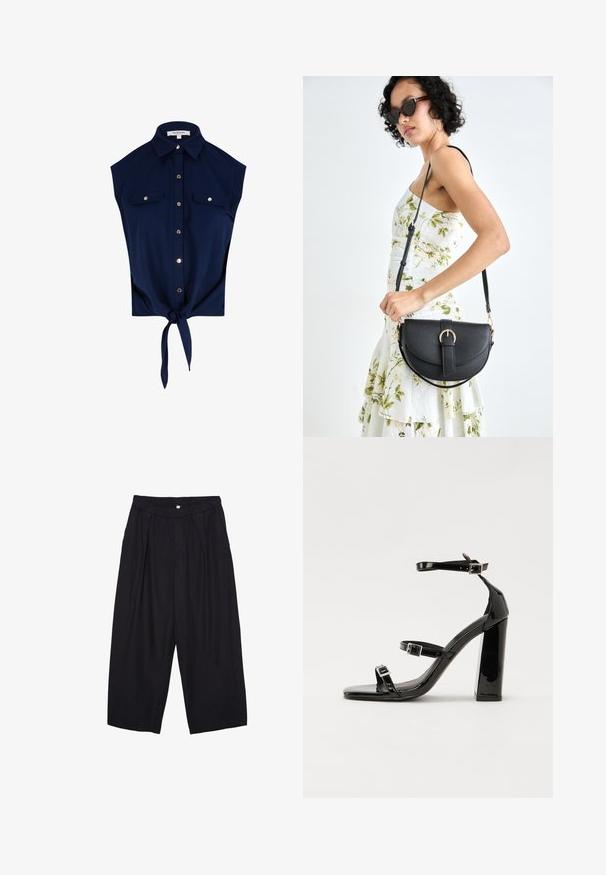 Námorně modrá bezrukávová košile na knoflíky s límečkem, dvěma kapsami na prsou s knoflíky a uzlem na předním lemu.; Černé polyesterové culotte kalhoty s elastickým pasem, dvěma předními sklady a volným siluetou. Žádné viditelné vzory ani kovové detaily.; Černé lakované sandály na podpatku se čtveratou špičkou, lýtkovými pásky a stříbrnými přezkami. Disponují masivním blokovým podpatkem pro stabilitu.; Černá kožená kabelka s křivkovým tvarem, odnímatelným popruhem a zlatými detaily. Kabelka má klopu s přezkou.