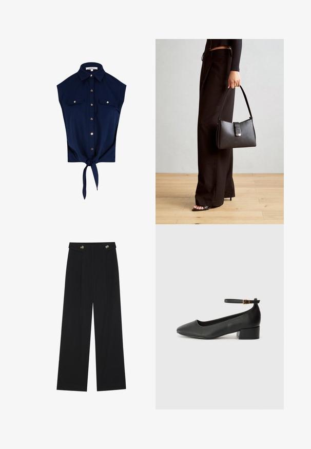 Navyblauwe mouwloze blouse met knopen en kraag, twee borstzakken met knopen en een geknoopte strik aan de onderkant.; Zwarte wijde broek met hoge taille, knoopdetails op de tailleband en plooien aan de voorkant.; Zwarte leren pump met een spitse neus en een lage blokhak. Beschikt over een enkelband met een goudkleurige gespsluiting. Gladde textuur.; Zwarte handtas met gestructureerde vorm, gladde textuur en een metalen sluiting. Gecombineerd met brede zwarte broeken en sandalen met open teen op een houten vloer.