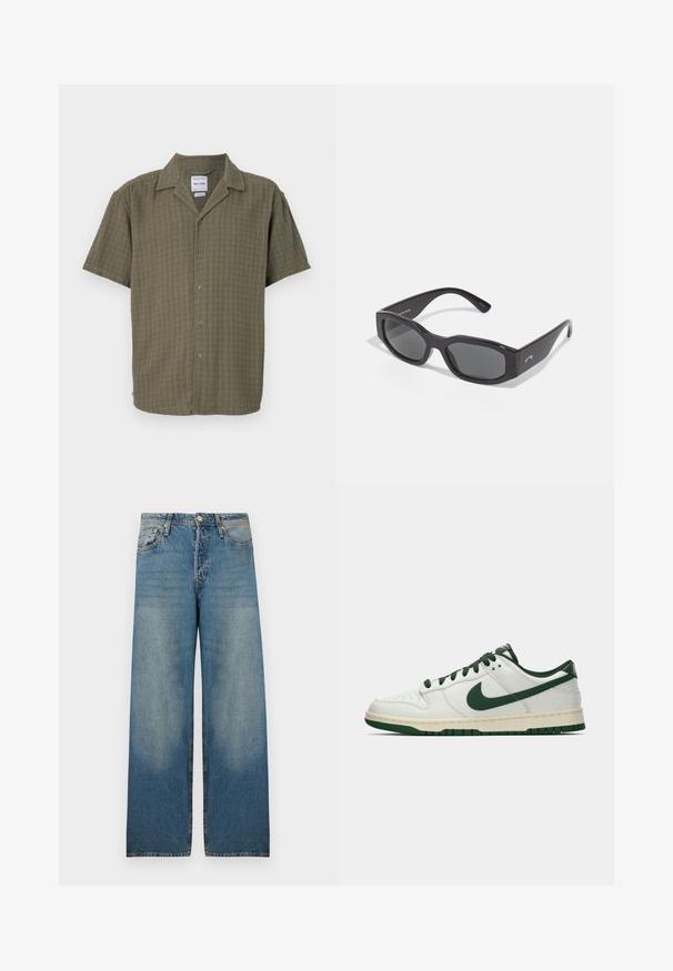 Camicia a manica corta di colore verde oliva, con un motivo testurizzato, chiusura anteriore con bottoni e colletto classico. Realizzata in tessuto morbido e traspirante.; T-shirt bianco in cotone con collo rotondo, maniche corte, vestibilità rilassata e dettagli di cucitura minimi. Texture liscia e design pulito.; Jeans wide leg blu chiaro in tessuto denim, caratterizzati da vita alta, design a cinque tasche e aree sbiadite per un look vintage.; Sneaker bianco a bassa cima con swoosh Nike verde scuro, lacci e dettagli della suola, mostrato di profilo su uno sfondo bianco uniforme.; Occhiali da sole neri rettangolari con lenti scure. Montatura in plastica spessa con una finitura liscia, dotata di un logo discreto sul lato.