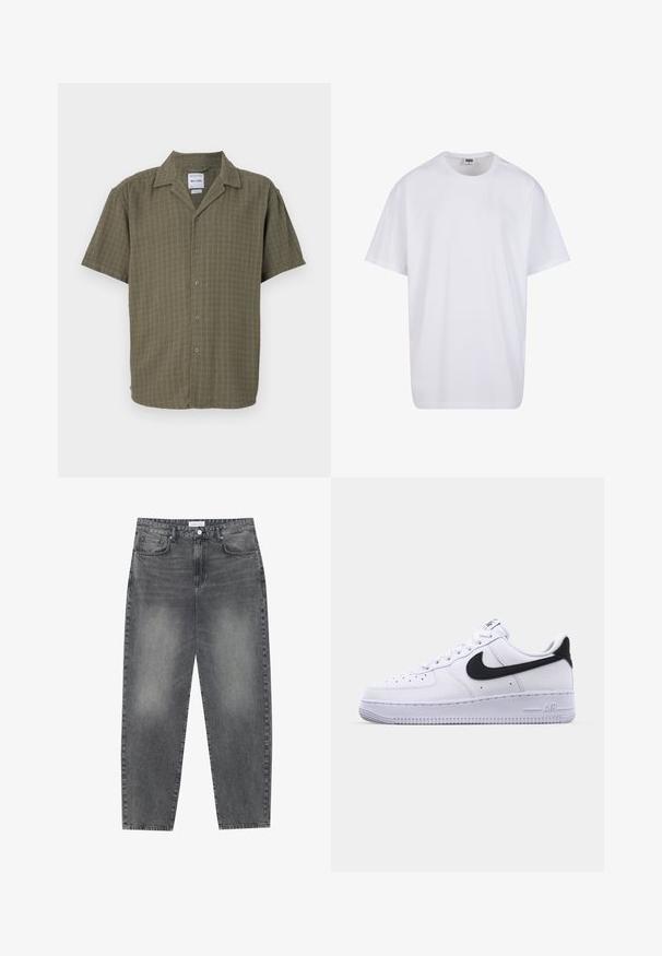Kortermet skjorte i olivengrønn, med et strukturert mønster, knappestolpe foran og klassisk krage. Laget av myk, pustende stoff.; Hvit bomull t-skjorte med korte ermer, rund utringning, avslappet passform, og ingen synlige logoer eller mønstre. Glatt tekstur og minimalistisk design.; Høyt liv, løstsittende jeans i falmet svart denim. Har fem lommer, beltehemper og et rent, rett ben-design.; Hvit lær sneakers med en teksturert svart Swoosh, flate lisser og en gummisåle med et rillemønster. "AIR" er preget på hælen.