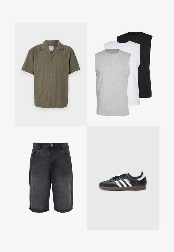 Šviesiai žalios spalvos trumpomis rankovėmis marškiniai, su tekstūruotu raštu, mygtukų užsegimu priekyje ir klasikinio tipo apykakle. Pagaminti iš švelnios, pralaidžios oro medžiagos.; Trys beblauzdžiai marškiniai pilkos, baltos ir juodos spalvų. Minkšta medvilnės medžiaga, apvaliu iškirpimu ir laisvu siluetu. Paprastas dizainas, be raštų.; Juodos džinsinės šortai su laisvu kirpimu, penkių kišenių dizainu ir mygtuko uždarymu. Audinys turi lygų paviršių su subtiliu nusidėvėjimu.; Juodas sintetinis sportbačių viršus su baltomis trimis juostelėmis, tekstūruotas guminis padas ir juodi raišteliai. Žemo kirpimo sportinis stilius.