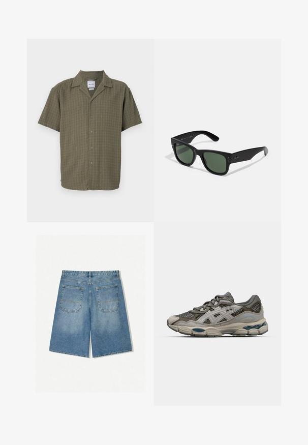 Cămașă cu mânecă scurtă în culoarea verde măsliniu, cu un model texturat, cu închidere cu butoni și guler clasic. Fabricată dintr-un material moale și respirabil.; Șorturi din denim de culoare albastru deschis, cu o croială lejeră, având două buzunare pe spate și cusături vizibile. Materialul are o textură moale și netedă.; Pantofii sport gri și bej, cu panouri din plasă, textură punctată și accente argintii. Au o talpă căptușită și un design cu șireturi.; Ochelari de soare rectangulari negri cu lentile verzi, finisaj mat, accente hardware subtile și logo embosat pe bradă.