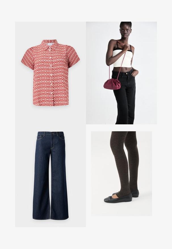 Rdeča kratka srajca s kratkimi rokavi, ki ima bel diamanten vzorec. Ima ovratnik in zapiranje na gumb, sproščen kroj in lahkotno teksturo tkanine.; Široke hlače iz temnega modrega denima. Imajo kontrastno šivanje, pet žepov in gumbasto zapiranje v pasu. Gladka tekstura.; Črne ravne čevlje z majhnim lokom na prstih, v kombinaciji s temno rjavimi rebrastimi nogavicami. Čevlji imajo gladko teksturo in nizko obliko.; Burgundska mehka torbica z zbranim dizajnom in dolgim trakom, nošena čez telo. Model nosi belo kratko majico in črne kavbojke.