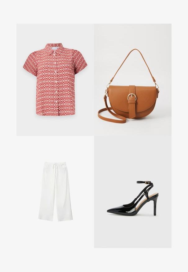 Červená košeľa s krátkym rukávom, ktorá má biely diamantový vzor. S golierom a zapínaním na gombík, má uvoľnený strih a jemnú textúru látky.; Biele široké nohavice vyrobené z mäkkej látky, s pásekom na sťahovanie a dvoma prednými vreckami. Hladká textúra a bez viditeľných vzorov.; Čierne lakované kožené sandále na vysokom podpätku s špicatou špičkou, nastaviteľným remienkom na členku a otvorenými bokmi. Hladká textúra.; Hnedá kožená kabelka cez telo s zakriveným tvarom, zlatými kovovými doplnkami a akcentom s prackou. Obsahuje odnímateľný ramenný popruh.