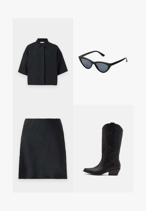 Short-sleeve, collared shirt in solid black. Made of lightweight fabric with a relaxed fit. Features a front button closure and minimal stitching.; Black satin mini skirt with a smooth texture and a straight hemline, shown against a plain white background.; Black leather cowboy boot with pointed toe, low stacked heel, and intricate embossed leaf pattern on the shaft. Loop at the top for easy wear.; Black cat-eye sunglasses with dark gray lenses, sleek plastic frame, pointed corners, and straight temples. No visible hardware or accents.