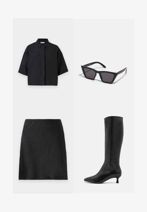 Rövid ujjú, galléros ing egyszínű fekete. Könnyű anyagból készült, laza szabású. Elöl gombos záródással és minimális varrással rendelkezik.; Fekete selyem mini szoknya sima textúrával és egyenes szegéllyel, egy sima fehér háttér előtt bemutatva.; Zign Csizmák - black; Fekete, szögletes napszemüveg szürke lencsékkel; műanyagból készült, vastag karokkal, sima felülettel és látható hardver nélkül.