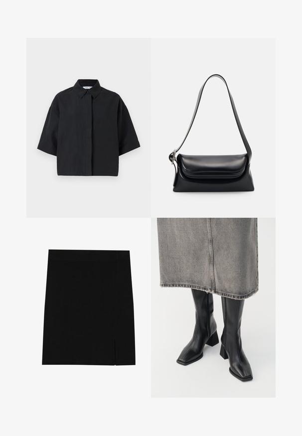 Koszula z krótkim rękawem i kołnierzykiem w jednolitym czarnym kolorze. Wykonana z lekkiego materiału o luźnym kroju. Posiada zapięcie na guziki z przodu oraz minimalne przeszycia.; Czarna mini spódnica z miękkiego materiału, o dopasowanym kroju, z delikatnym rozcięciem po boku dla dodatkowego akcentu.; Czarne kozaki za kolano z gładkiej skóry, o kwadratowym nosku i słupkowym obcasie. Noszone z szarym dżinsowym mini spódnicą z postrzępionym dołem.; Czarna skórzana torebka o zorganizowanym kształcie, gładkiej fakturze i pojedynczym pasku na ramię. Posiada subtelną, zaokrągloną klapkę.