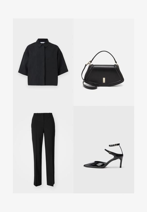 Short-sleeve, collared shirt in solid black. Made of lightweight fabric with a relaxed fit. Features a front button closure and minimal stitching.; Black tailored trousers with a straight-leg design, featuring a smooth texture and crisp creases along the front. No visible hardware.; Black patent leather heels with a pointed toe, adjustable ankle straps, and a slender heel. Smooth texture with a shiny finish.; Black leather handbag with a structured design, featuring a cropped shape, top handle, and gold hardware accent. Adjustable shoulder strap included.