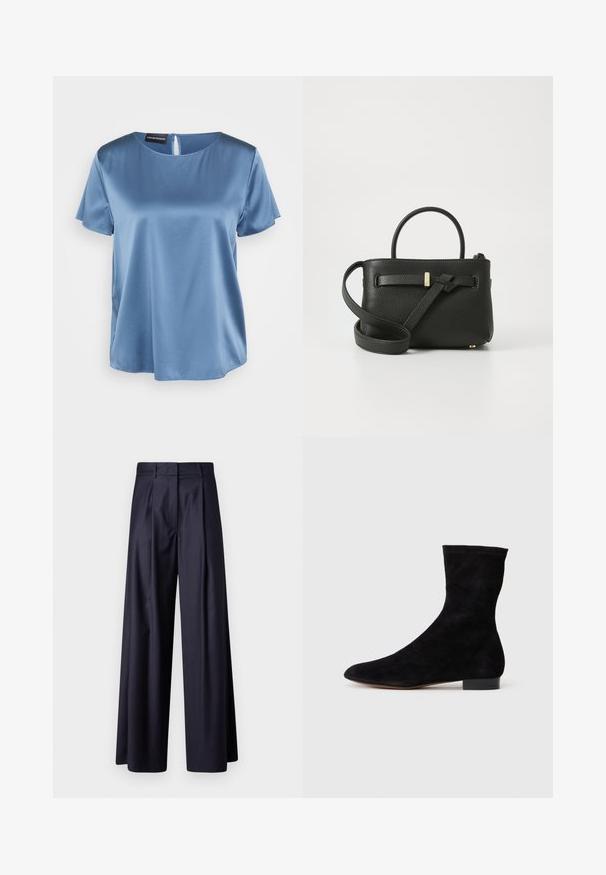 Kék selyem blúz, rövid ujjal, négyzet alakú nyakkivágással és hátsó cipzárral. Simaság jellemzi és enyhén laza fazonban készült.; Sötét tengerészkék anyagú, széles lábú nadrág, mely pliszékkel, sima felülettel, szabott dizájnnal és magas derékkal rendelkezik.; Fekete velúr bokacsizma, illeszkedő szárral, hegyes orral és alacsony blokk sarokkal. Simább felület és minimalista dizájn, amely sokoldalú stílushoz megfelelő.; Fekete bőr kézitáska texturált felülettel, felső fogantyúkkal és hosszú, állítható pánttal. Az elején aranyszínű kiegészítő díszítéssel rendelkezik.