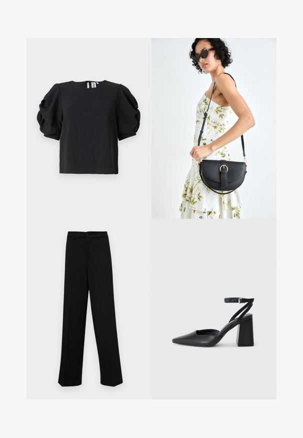 Top negru cu o finisare texturată, având mâneci bufante și guler rotund. Închidere la spate cu un mic decolteu în formă de cheiță.; Pantaloni negri cu croi larg, dintr-un material neted, având un talie clasică cu închidere prin buton și plisuri frontale.; Pantofii cu toc ascuțit din piele neagră, cu breteaua pentru glezne și toc gros. Textură netedă, design elegant și estetică minimală.; Geantă din piele neagră, cu o formă curbată, curea detașabilă și accesorii aurii. Geanta are un capac cu un detaliu tip cataramă.
